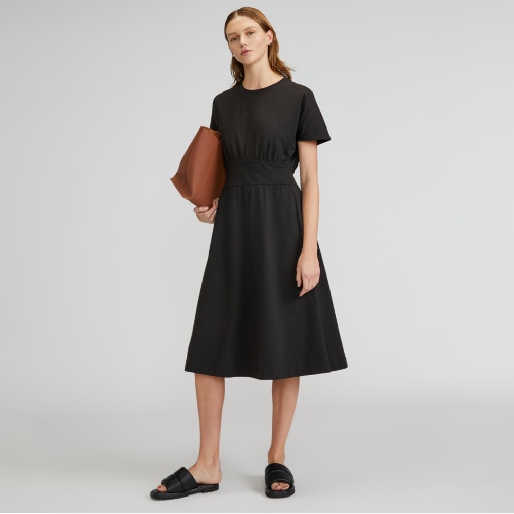 Everlane The Organic Cotton Waisted Dress Medium Black Midi Classic Minimalist